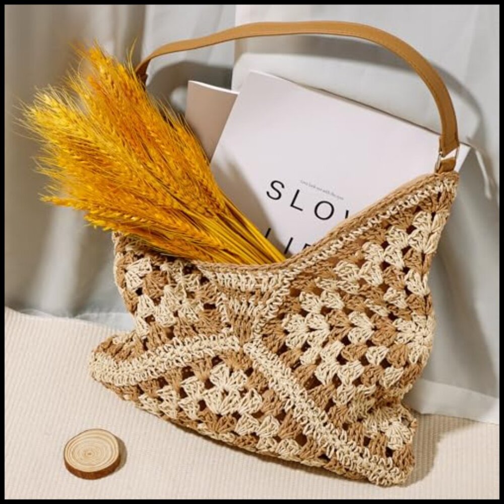 Natural Straw Tote Bag Handwoven Bohemian Casual Shoulder Bag Travel Essential - Picture 4 of 7